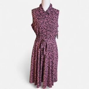 Nanette Lepore Floral Midi Shirt Dress 8 NWT Black Pink Tie Waist Removable Slip
